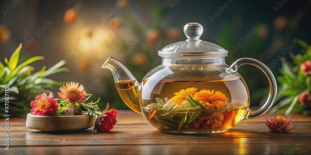 Modern glass teapot with blooming tea and flowers, creating a contemporary tea experience , glass teapot Modern glass teapot with blooming tea and flowers, creating a contemporary tea experience , glass teapot