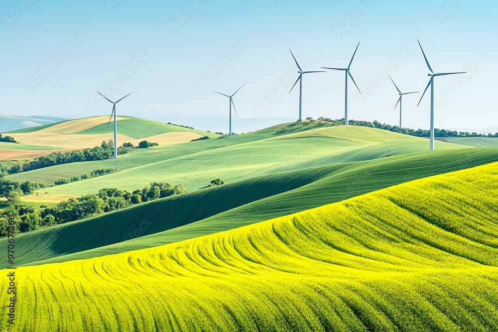 Scenic landscape with wind turbines and fields. Scenic landscape with wind turbines and fields.