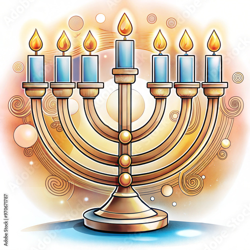 Colorful Menorah Illustration with Blue and Orange Lit Candles T-Shirt Design