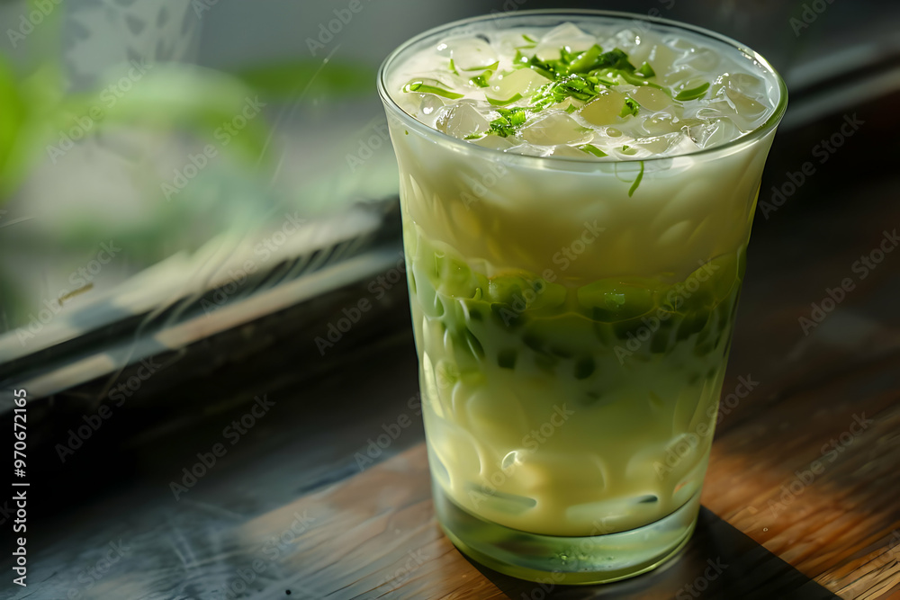 Refreshing Photo of a Pandan Jelly Drink with Coconut Milk and Ice Refreshing Photo of a Pandan Jelly Drink with Coconut Milk and Ice