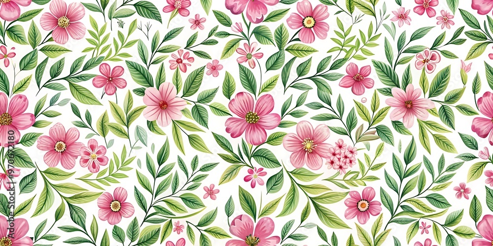 Fototapeta premium a floral pattern with pink flowers and green leave
