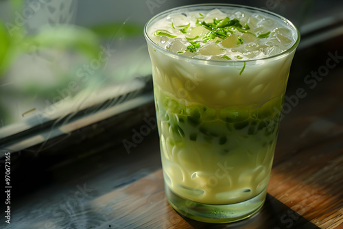 Refreshing Photo of a Pandan Jelly Drink with Coconut Milk and Ice