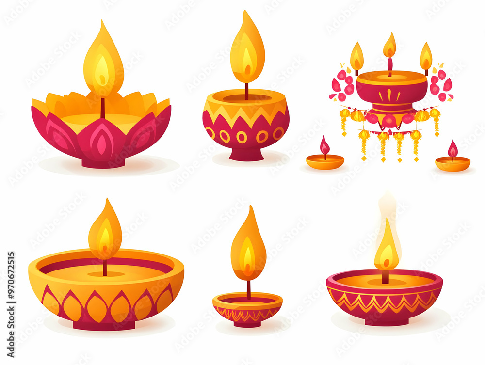 Fototapeta premium Flat Diwali Lantern and Kalash with Floating Diyas: Isolated Cultural Elements Symbolizing Rich Diwali Celebrations | Simple Vector Illustration