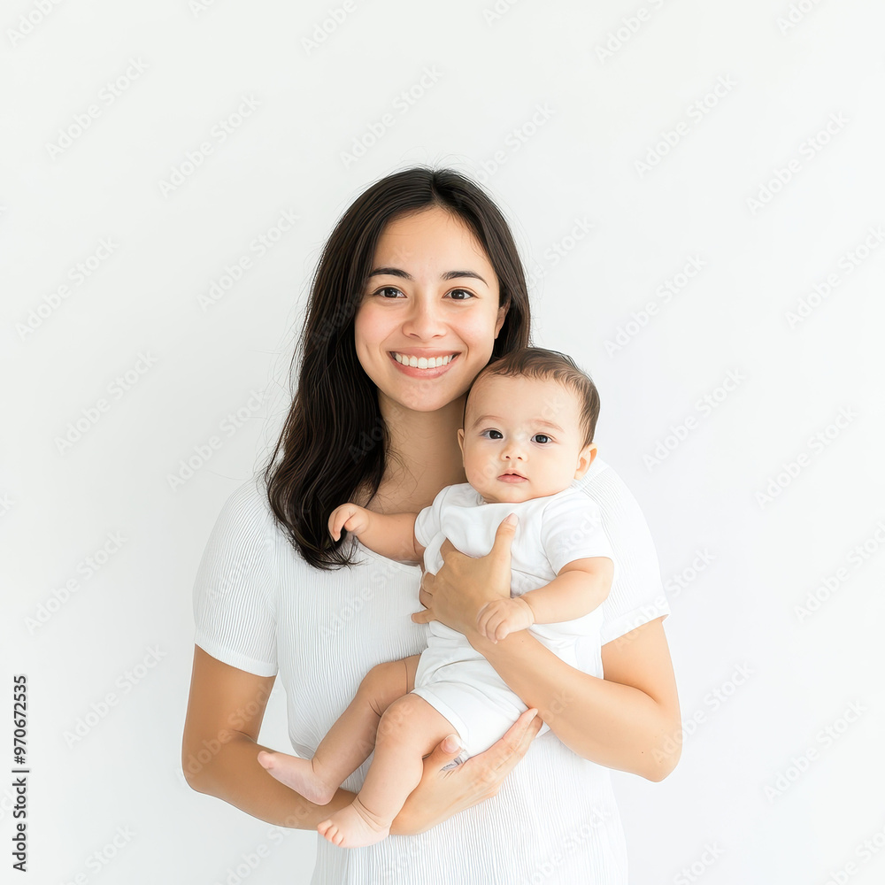 Smiling mother holding her baby in her arms on a white background, showcasing love, warmth, and the joy of motherhood. Smiling mother holding her baby in her arms on a white background, showcasing love, warmth, and the joy of motherhood.