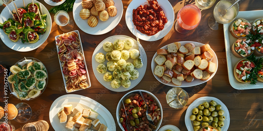 Overhead Photo of Appetizers, Wine, and Bread on a Wooden Table for a Party