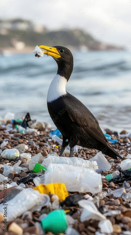 Bird pecking at microplastic debris on a polluted shoreline ...