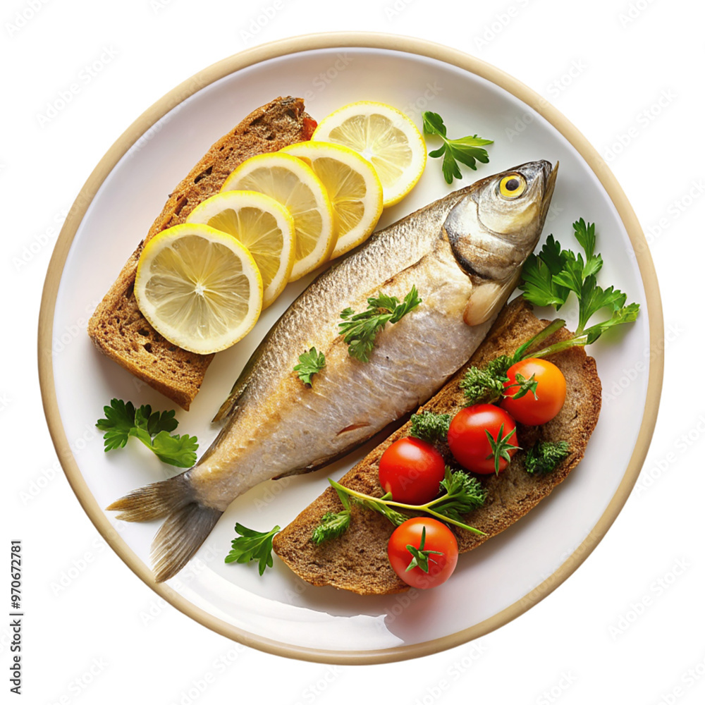 A dish of fish hard bread top view isolated on transparent background. A dish of fish hard bread top view isolated on transparent background.