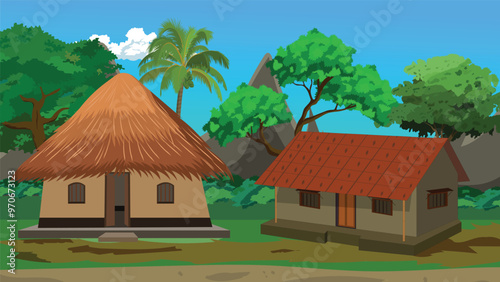 A house with a thatched roof is next to a house with a red roof. The houses are surrounded by trees and a mountain in the background. The scene has a peaceful and serene mood