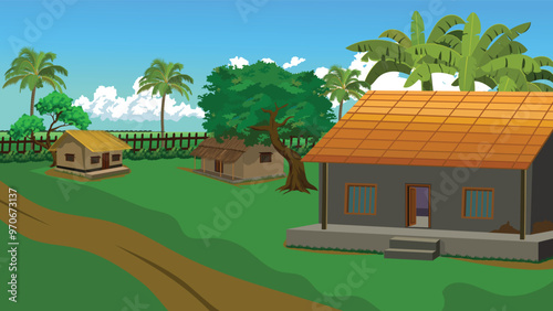 A peaceful village scene with a house situated in the middle of the village, surrounded by other houses and a palm tree beside a village road