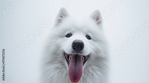 A white dog with a tongue sticking out is smiling