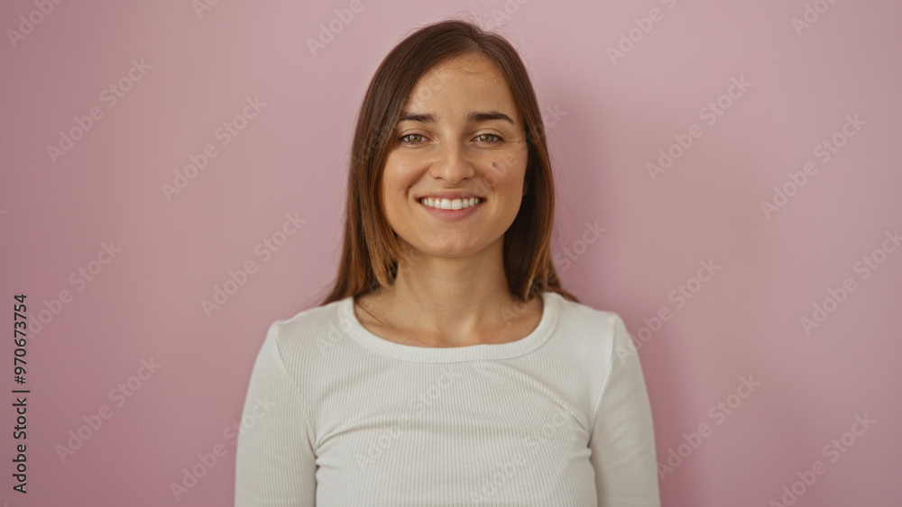Smiling young woman with long blonde hair stands isolated over a pink background, creating an attractive and cheerful portrait. Smiling young woman with long blonde hair stands isolated over a pink background, creating an attractive and cheerful portrait.