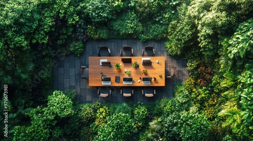 Aerial view of a secluded outdoor meeting table surrounded by lush greenery, symbolizing harmony between nature and workspace, ideal for eco-friendly and remote work themes