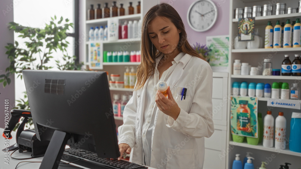 Young female pharmacist in a white coat standing in a pharmacy interior, examining a medicine bottle while using a computer.