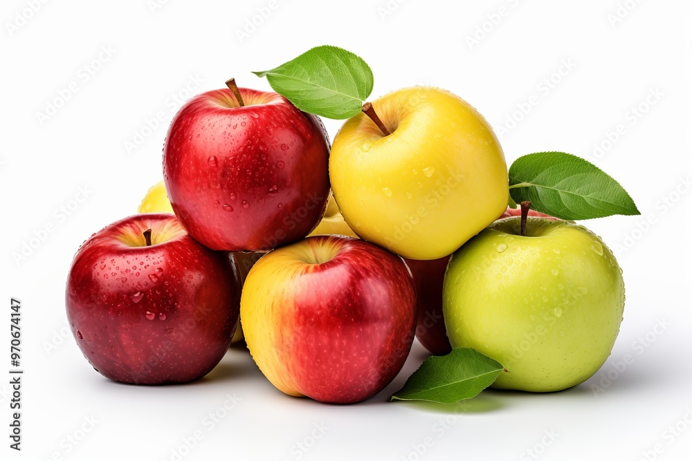 Fresh apples stacked with green leaves in a bright arrangement for a healthy snack Fresh apples stacked with green leaves in a bright arrangement for a healthy snack