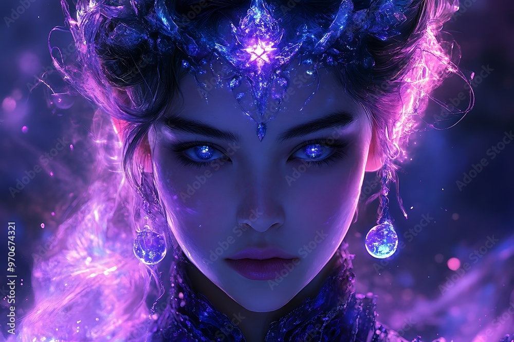 A mystical portrait of a woman with glowing features and jewels. A mystical portrait of a woman with glowing features and jewels.