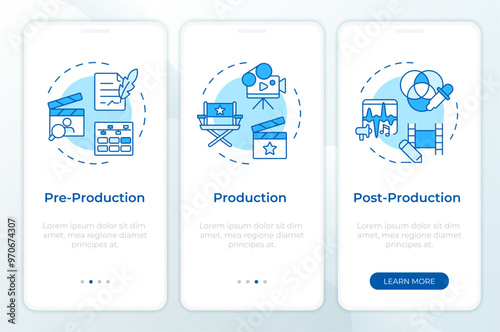 Video production blue onboarding mobile app screen. Walkthrough 3 steps editable graphic instructions with linear concepts. UI, UX, GUI template. Montserrat SemiBold, Regular fonts used