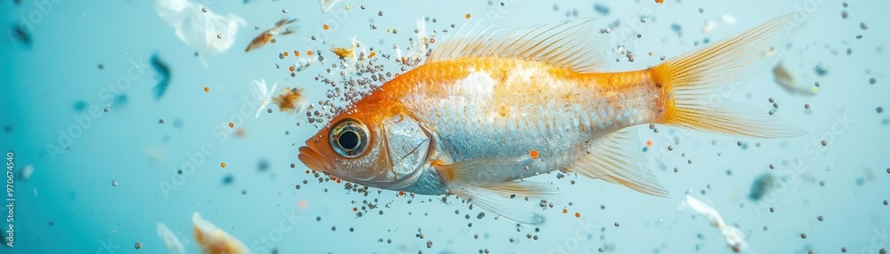 Fish surrounded by tiny microplastic particles in clear water ...