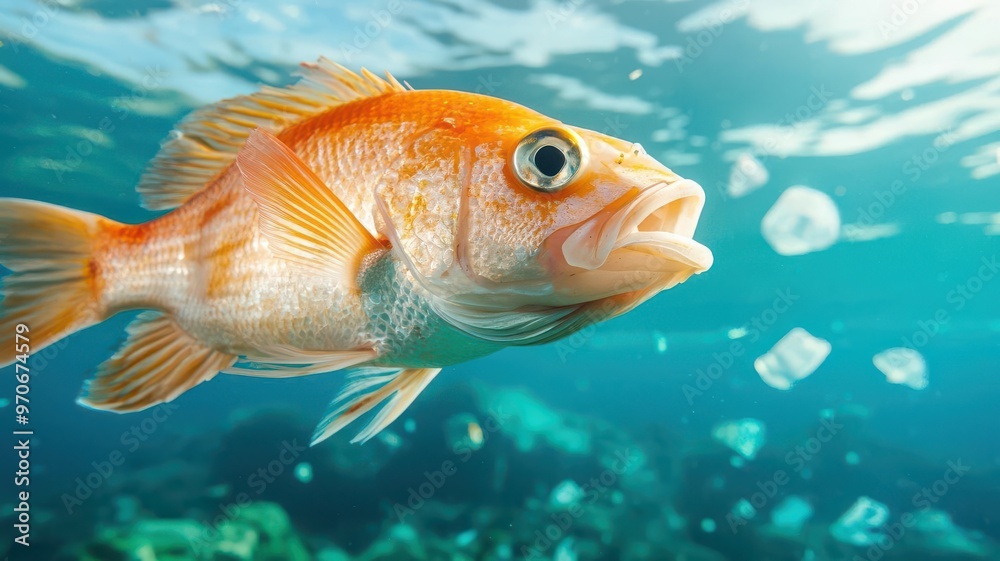 Naklejka premium Fish swimming near microplastic pollution floating on the ocean surface, Microplastics, marine ecosystem, pollution impact