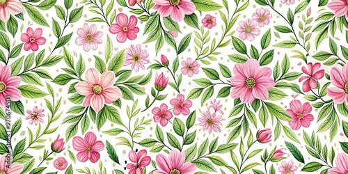 a floral pattern with pink flowers and green leave