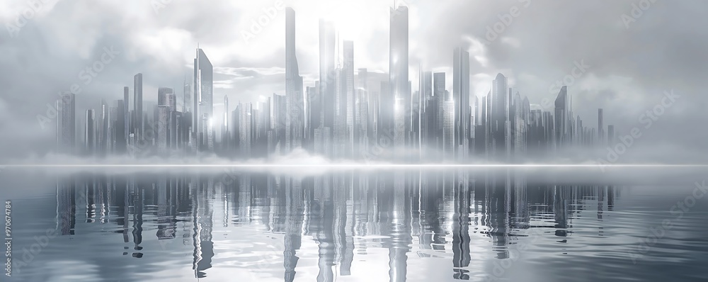 Fototapeta premium A silver shiny city skyline, futuristic, no background