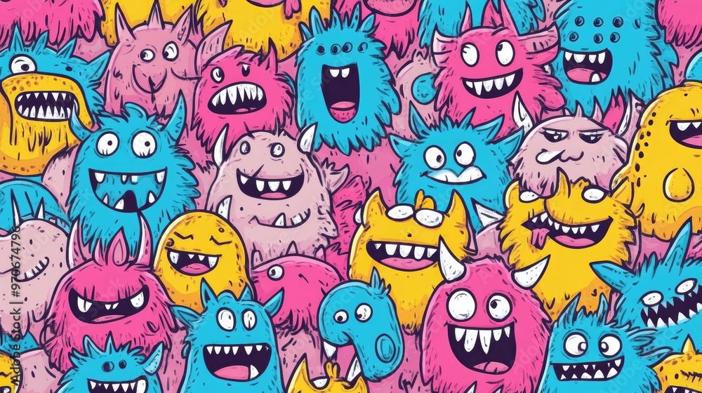 Obraz premium Adorable Doodle Monsters in a Seamless Vector Pattern for Design