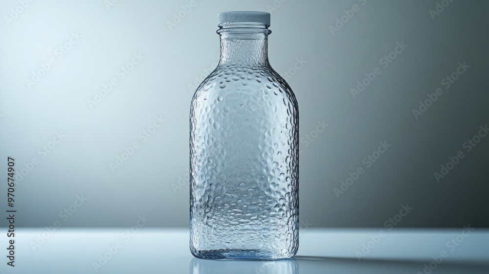Clear textured glass bottle with a white cap on a reflective surface. Clear textured glass bottle with a white cap on a reflective surface.