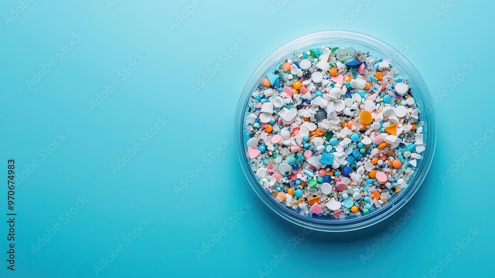 Microplastic debris collected in a petri dish, under laboratory analysis, Microplastics, scientific research, environmental study Microplastic debris collected in a petri dish, under laboratory analysis, Microplastics, scientific research, environmental study