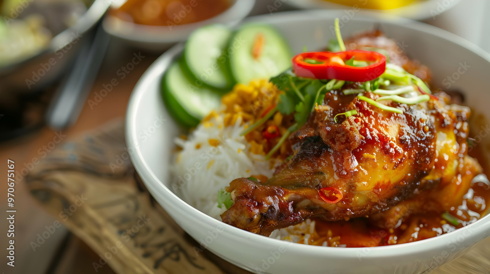 Spicy Roasted Chicken with Rice Photo - Chicken Thigh, Rice, Cucumber, Chili Spicy Roasted Chicken with Rice Photo - Chicken Thigh, Rice, Cucumber, Chili
