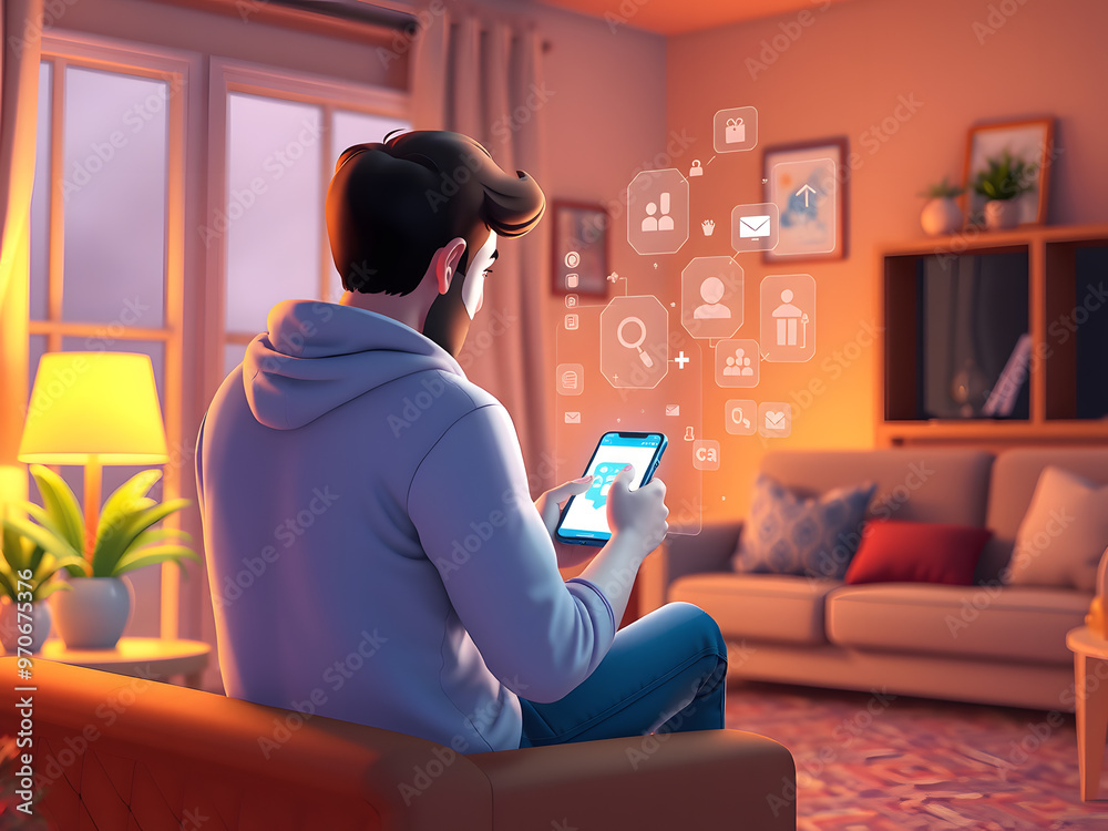 Obraz premium Engaged Shopper with Holographic Mobile Interface