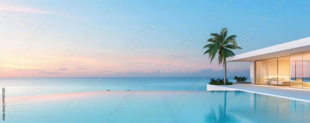 Luxury villa with modern architecture, panoramic windows overlooking the ocean, twilight setting, high-end real estate Luxury villa with modern architecture, panoramic windows overlooking the ocean, twilight setting, high-end real estate