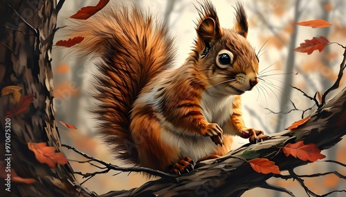 Adorable squirrel perched on a brown autumn tree branch in a vibrant forest, showcasing its bushy tail and charming presence among the falling leaves. photo