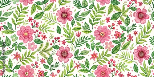 a floral pattern with pink flowers and green leave