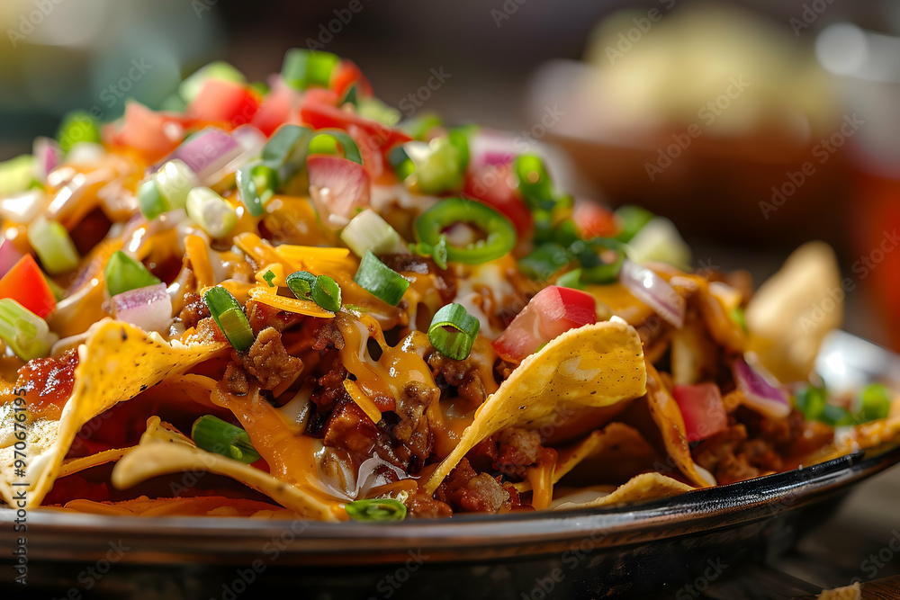 Close-up Photo of Loaded Nachos with Ground Beef, Cheese, Tomatoes, and Onions Close-up Photo of Loaded Nachos with Ground Beef, Cheese, Tomatoes, and Onions