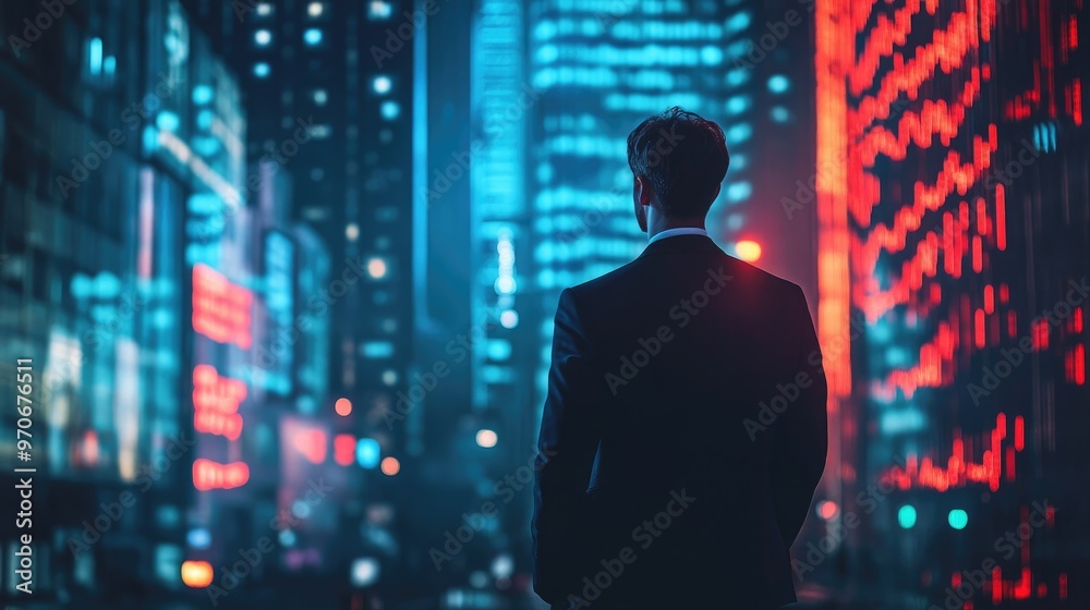 A lone businessman stands in the middle of a bustling city at night, the bright neon lights reflecting off his suit as he looks out at the urban landscape. A lone businessman stands in the middle of a bustling city at night, the bright neon lights reflecting off his suit as he looks out at the urban landscape.