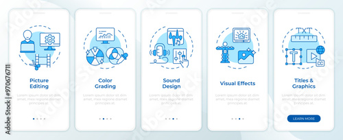 Film post-production blue onboarding mobile app screen. Walkthrough 5 steps editable graphic instructions with linear concepts. UI, UX, GUI template. Montserrat SemiBold, Regular fonts used