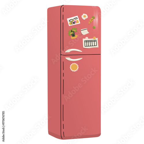 Large red refrigerator with freezer. Decorated with family photos, memorable magnets and reminder notes. Kitchen utensils. Vector illustration isolated on transparent background.