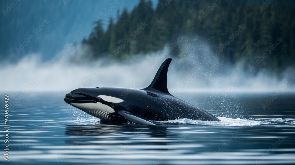 Fototapeta premium Witness the majestic killer whales in their natural habitat during a thrilling whale watching adventure off the coast of Vancouver Island.