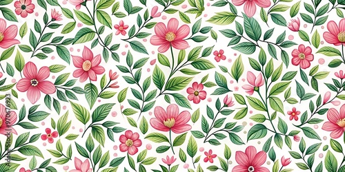 a floral pattern with pink flowers and green leave