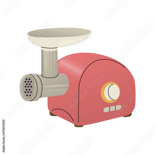 Electric meat grinder. Kitchen appliances for cooking. Preparations from minced meat. Vector illustration isolated on transparent background.