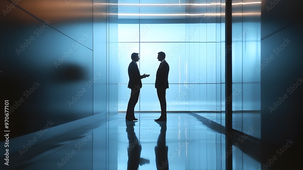 Silhouetted Businessmen in Conversation in a Modern Office Corridor Silhouetted Businessmen in Conversation in a Modern Office Corridor