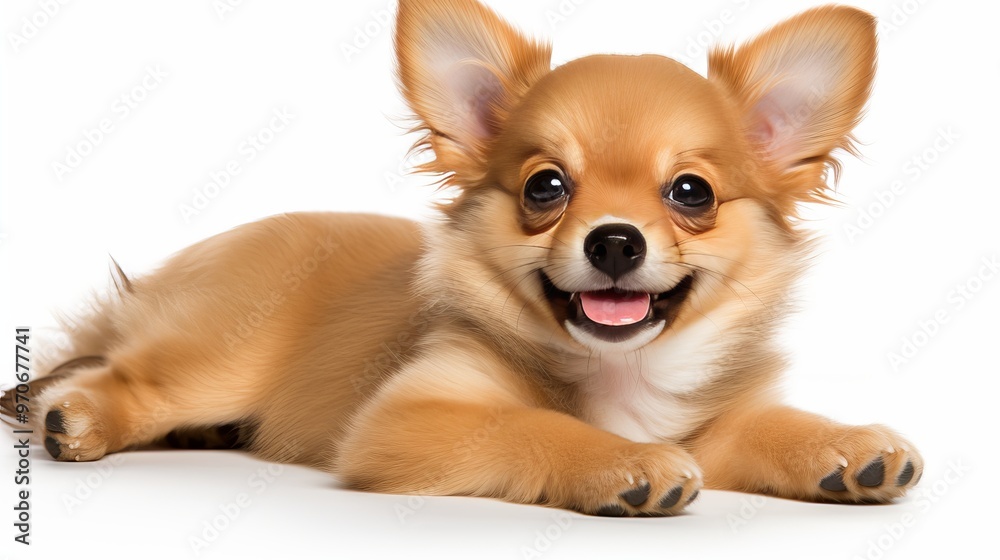 Happy fluffy dog lounging on a bright background during a playful afternoon Happy fluffy dog lounging on a bright background during a playful afternoon