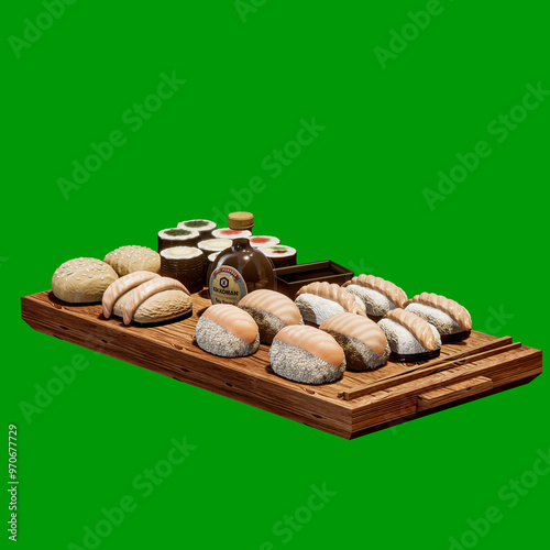 cutting board with japanese sushi isolated on green background