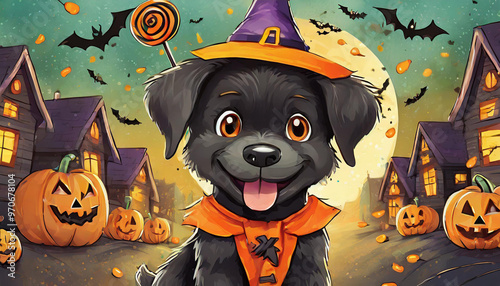 ハロウィンの家並みと黒い犬