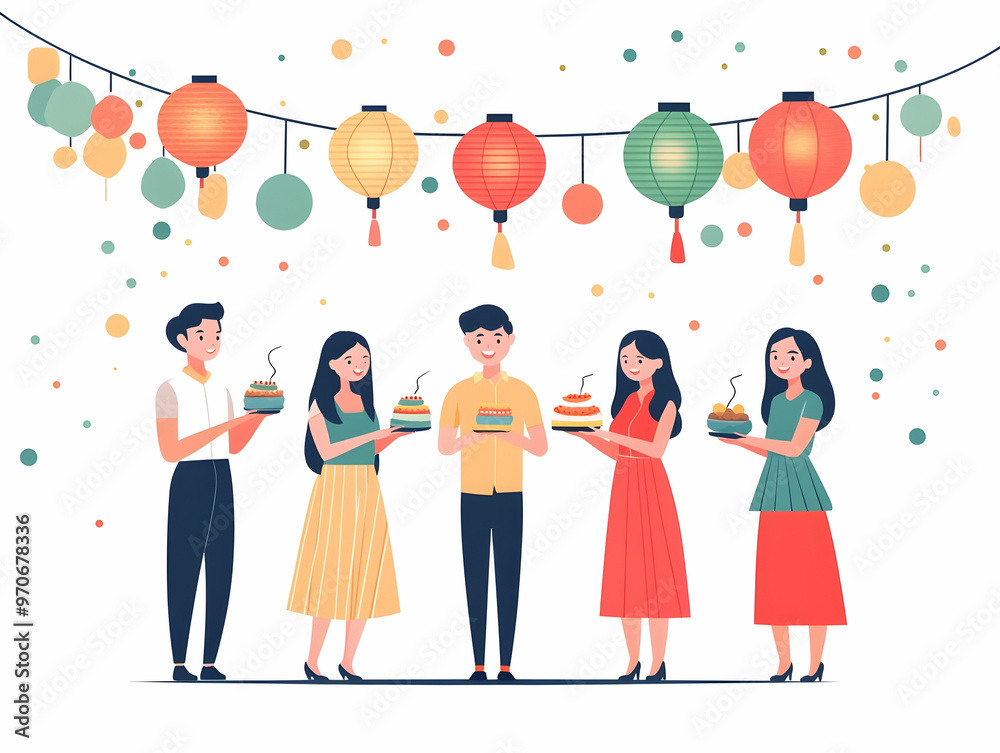 Fototapeta premium Flat Vector Illustration of Friends Sharing Sweets and Laughter Under Diwali Lanterns - Celebration, Warmth, and Joy of Festive Gatherings