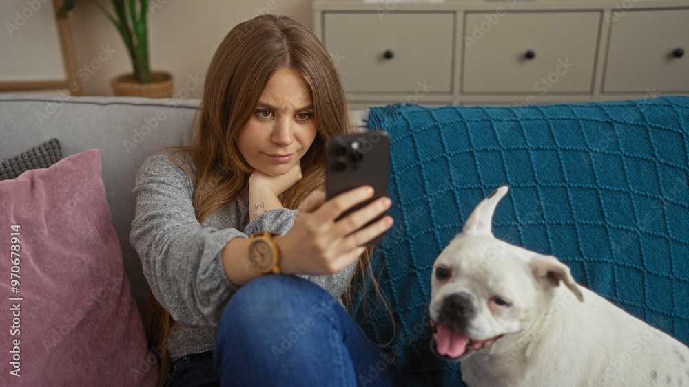 A young blonde caucasian woman sitting with her pet canine in a living room, using a smartphone at home. A young blonde caucasian woman sitting with her pet canine in a living room, using a smartphone at home.