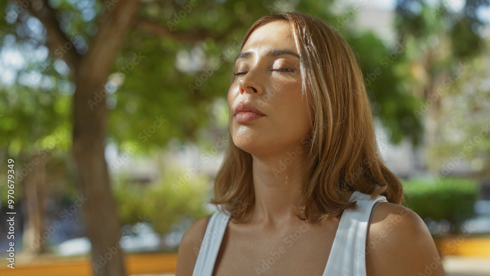 Young woman enjoying sunlight in an urban park with closed eyes and serene expression, showcasing an attractive brunette hispanic adult person outdoors in a town setting Young woman enjoying sunlight in an urban park with closed eyes and serene expression, showcasing an attractive brunette hispanic adult person outdoors in a town setting
