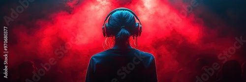 Woman in headphones standing in a red smoke filled room