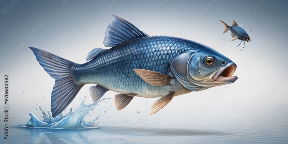Fototapeta premium Blue fish catching fly in mid-air, blue fish, catch, fly, underwater, predator, hunting, wildlife, aquatic, marine life, ocean, water