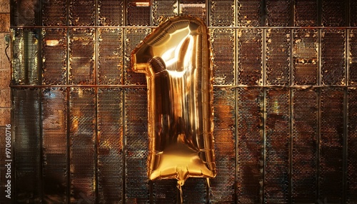 A shiny gold balloon in the shape of the number one birthday celebration for party 