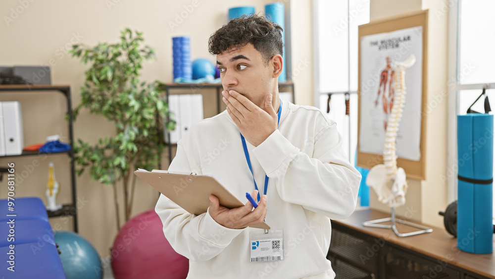 Obraz premium Surprised young man with a beard holding a clipboard in a physiotherapy clinic